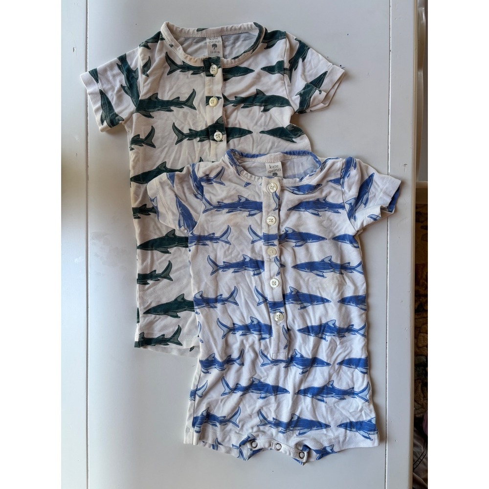 Kate Quinn Shark Print Bamboo Romper Bundle Blue‎ Green Short Sleeve 2pc 12-18M